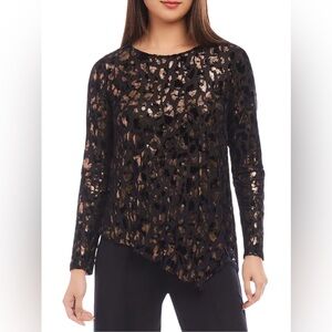 Karen Kane Velvet Black/Gold Burnout Asymmetric Leopard Animal Print Top Small